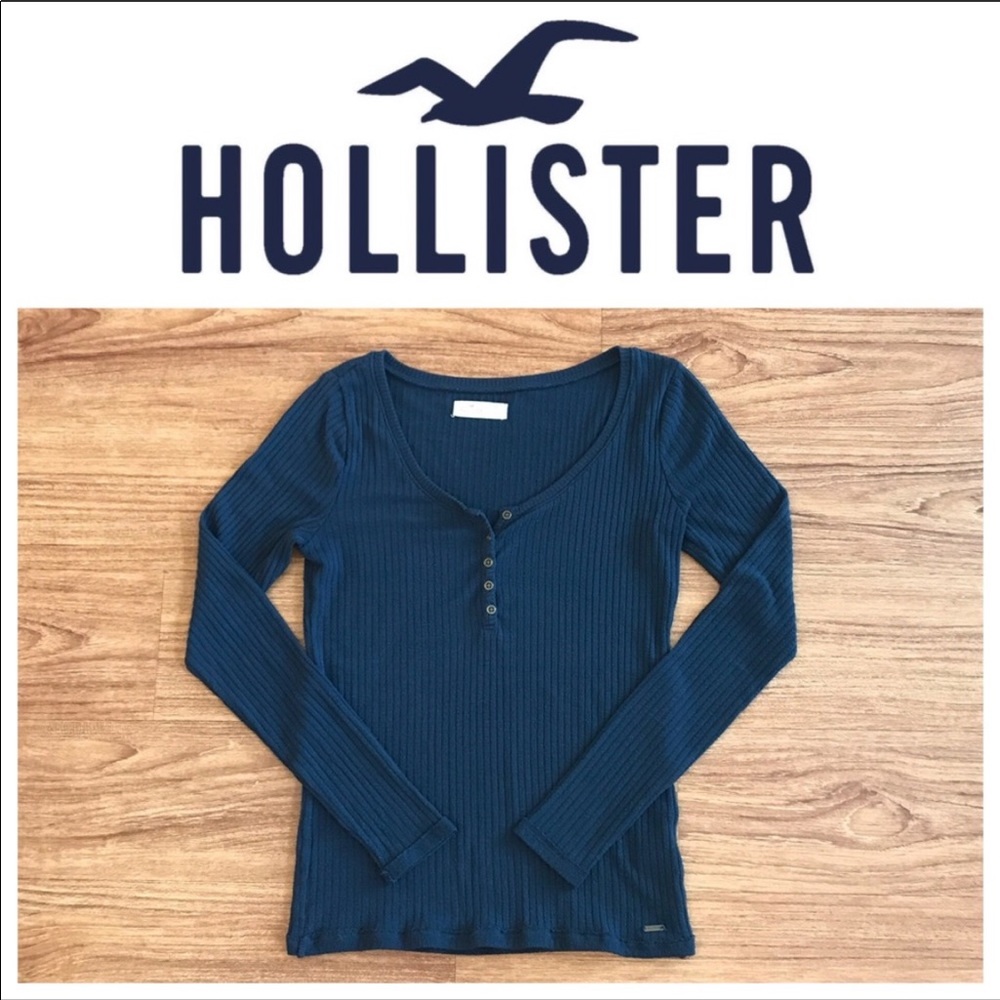 Navy, Hollister, Long Sleeve Henley, Size M